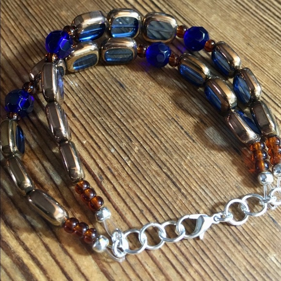 Ladies Double Strand Dark Blue Beaded Bracelet, Handmade Ladies Bracelet - Picture 5 of 7